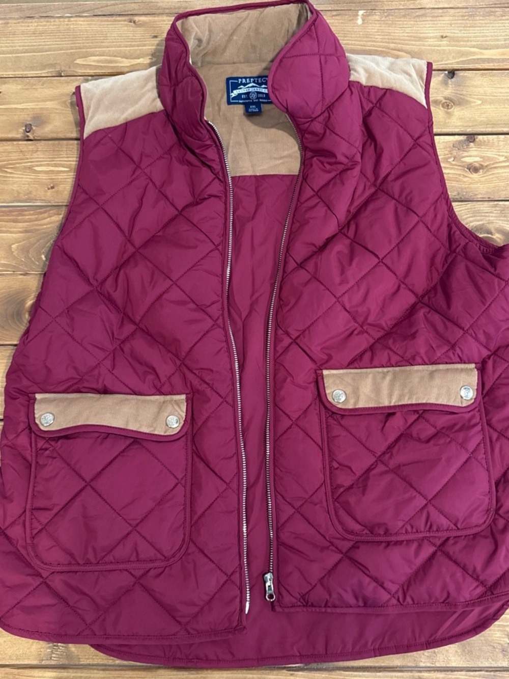 Lauren James Quilted Vest in Burgundy with Tan Trim